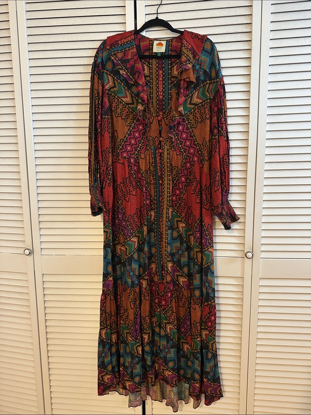 Farm Rio V-Neck Yawanawa Ruffle Boho Maxi Dress Size L - Runs a tad big - Picture 5 of 14